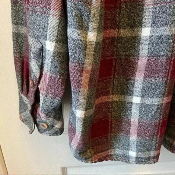 KOLBY Mens Flannel Shirt Button Up Shacket Hoodie Burgundy Grey Plaid Large - Picture 12 of 16